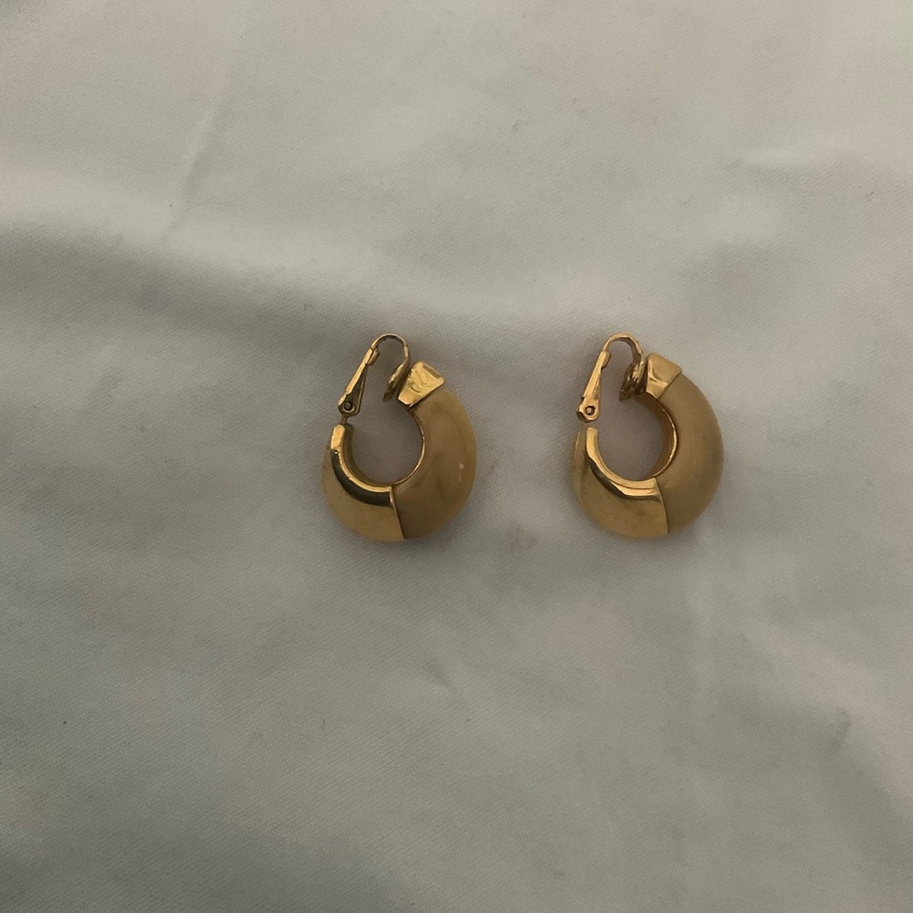 Trifari Gold and Cream Hoop Clip Earrings